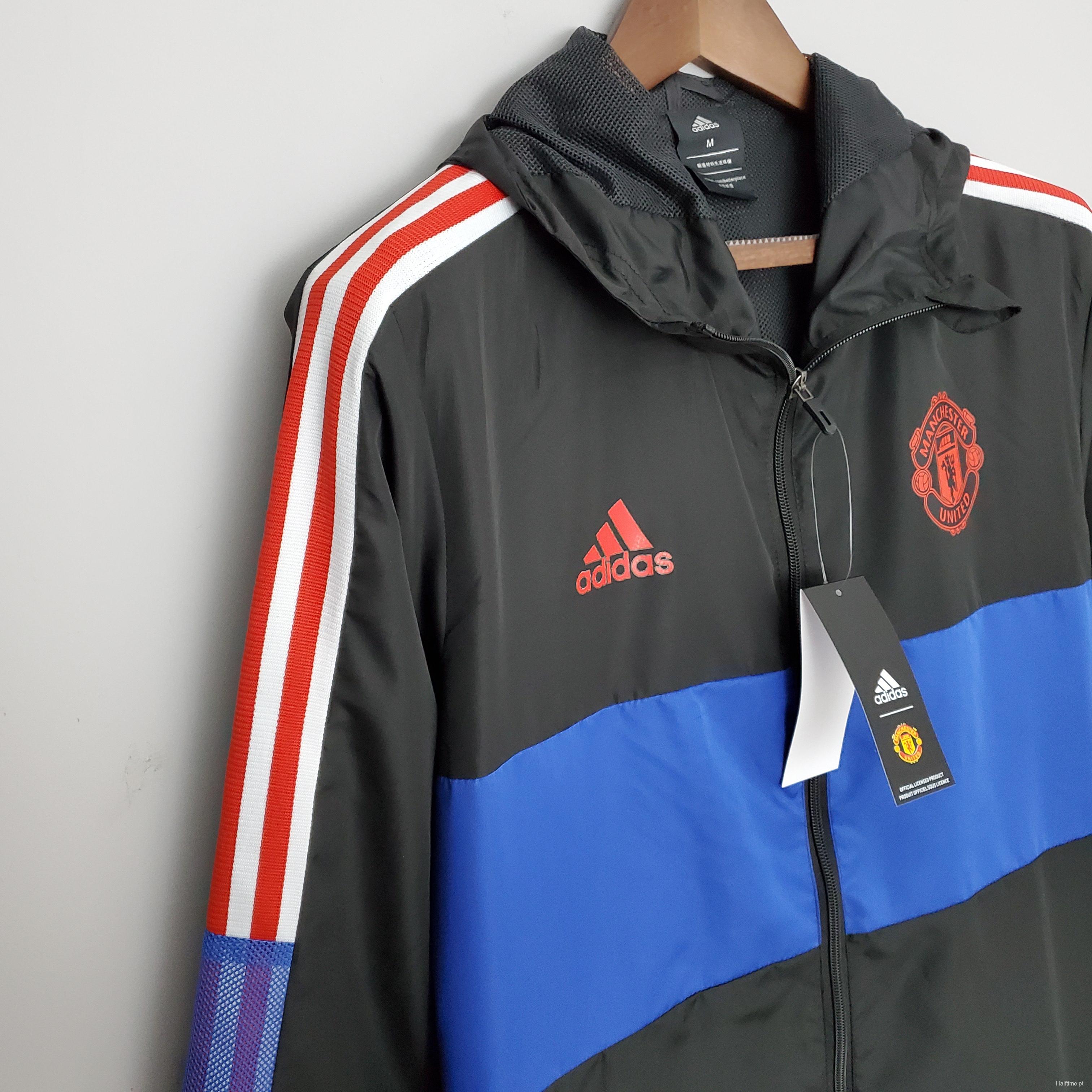 2022 Manchester United Windbreaker Black and Blue Soccer Jersey