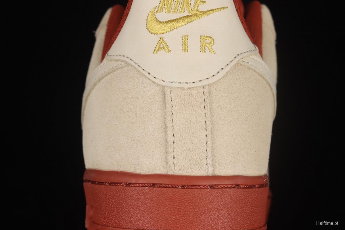 NIKE Air Force 1x07 SE beige / brick red suede spliced low-top casual board shoes AA1391-111,