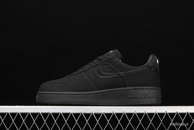 Stussy x NIKE Air Force 1 Low Black Cool Air Force low side black linen electric embroidered hook low upper board shoes CZ9084-001