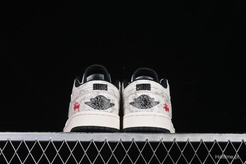 Nike Air Jordan 1 Low Retro Basketball Shoes - Stussy Grey Snake Custom - FC1688-200