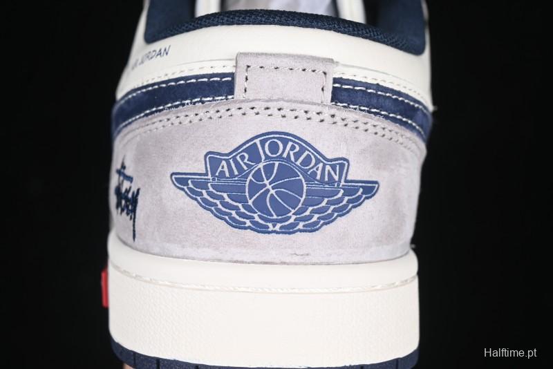 Nike Air Jordan 1 Low Stussy Collaboration Blue Suede Retro Basketball Shoes - SJ9950-035