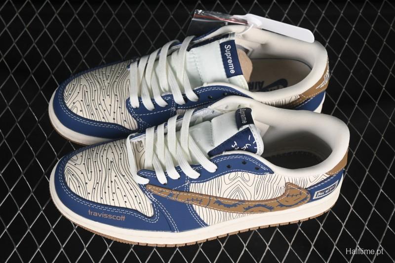 Nike Travis Scott x Fragment Design x Air Jordan 1 Low OG SP AJ1 FOG Collaboration Wave Ghost Face Low-Top Casual Sneakers - XS2024-007